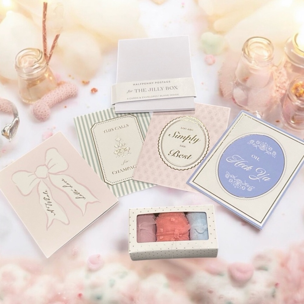 The Jilly Box Winter 2024 items postage cards & frayed ribbon